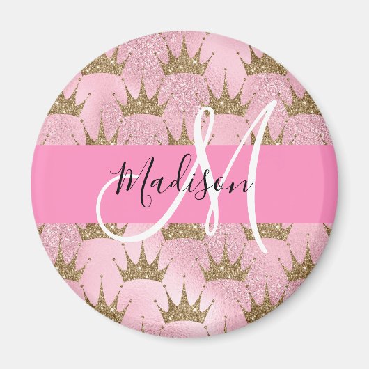 グラムピンク&金ゴールドグリッタースパークルスクラウンズモノグラム マグネット (正面)