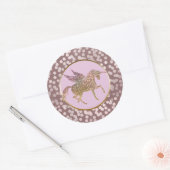 グラムピンク&金ゴールドグリッター飛んでいるユニコーンの好意 ラウンドシール (封筒)