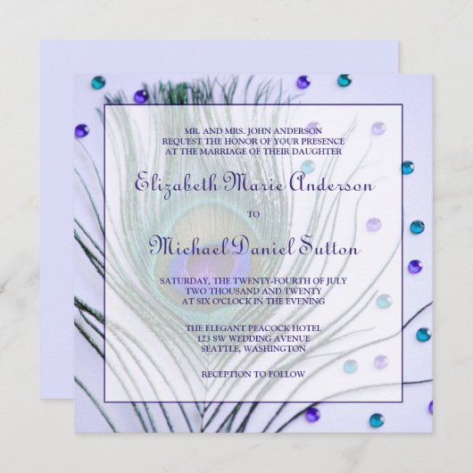 グラムピーコックフェザーパープル結婚ズ 招待状 (正面/裏面)