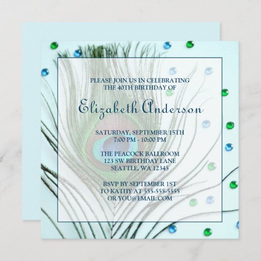 グラムピーコックフェザー40歳誕生日パーティーティール（緑がかった色） 招待状 (正面/裏面)