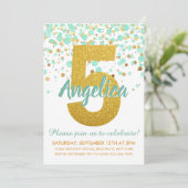 グラムファイブ誕生日ミントグリーン金ゴールドグリッター紙吹雪 招待状 (スタンド正面)
