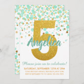 グラムファイブ誕生日ミントグリーン金ゴールドグリッター紙吹雪 招待状 (正面/裏面)