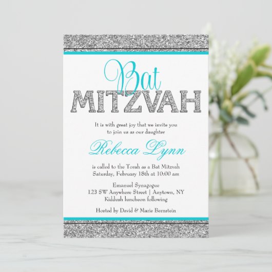 グラムフェイクグリッターシルバーティール(緑がかった色)ブルーバルミツワー 招待状 (スタンド正面)