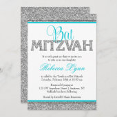 グラムフェイクグリッターシルバーティール(緑がかった色)ブルーバルミツワー 招待状 (正面/裏面)