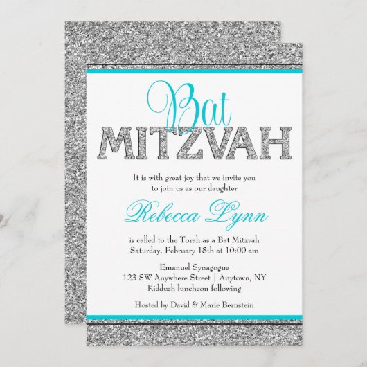 グラムフェイクグリッターシルバーティール（緑がかった色）ブルーバルミツワー 招待状 (正面/裏面)