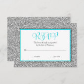 グラムフェイクグリッターシルバーティール（緑がかった色）ブルーRSVP 出欠カード (正面/裏面)