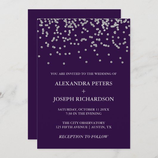 グラムフェイクシルバー紙吹雪と深いパープル結婚ズ 招待状 (正面/裏面)
