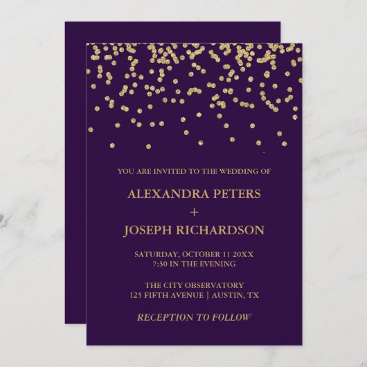 グラムフェイク金ゴールド紙吹雪と深いパープル結婚ズ 招待状 (正面/裏面)
