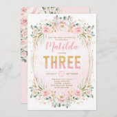 グラムフェミニン赤面フローラピンク金ゴールド3日 招待状 (正面/裏面)