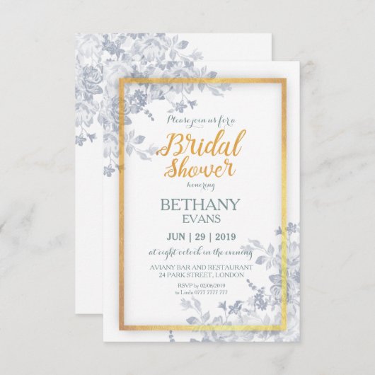 グラムフラワー金ゴールド枠書道ブライダルシャワー 招待状 (正面/裏面)