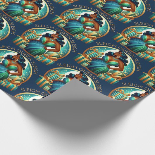 グラムブラックウーマンエレガントティール（緑がかった色）&金ゴールドクリスマス ラッピングペーパー (角)