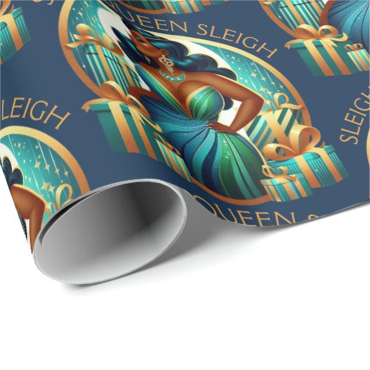 グラムブラックウーマンエレガントティール（緑がかった色）&金ゴールドクリスマス ラッピングペーパー (ロールコーナー)