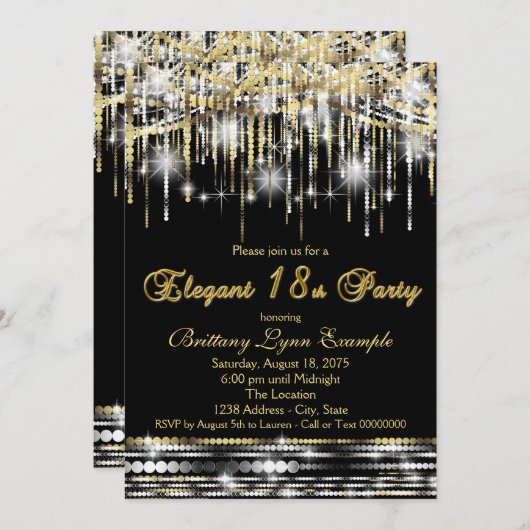 グラムブラックエレガント金ゴールド18thバースデーパーティー 招待状 (正面/裏面)