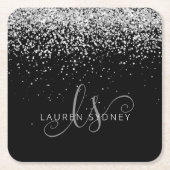 グラムブラックシルバーグリッターモノグラム名 スクエアペーパーコースター (正面)