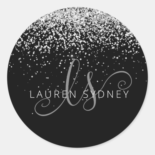 グラムブラックシルバーグリッターモノグラム名 ラウンドシール (正面)