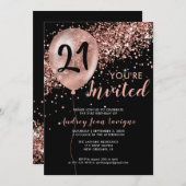 グラムブラックバラ金ゴールドグリッターバルーン21st誕生日 招待状 (正面/裏面)