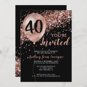 グラムブラックバラ金ゴールドグリッターバルーン40th誕生日 招待状 (正面/裏面)
