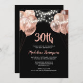 グラムブラックバラ金ゴールドストリングライトバルーン誕生日 招待状 (正面/裏面)