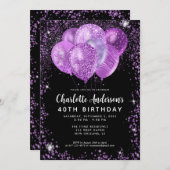 グラムブラックパープルバイオレットグリッターバルーン誕生日 招待状 (正面/裏面)