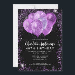 グラムブラックパープルバイオレットグリッターバルーン誕生日 招待状<br><div class="desc">グラムモダンパープルバイオレットブラックシルバーグリッタースパークルバルーンエレガント誕生日スタイリッシュ招待状</div>
