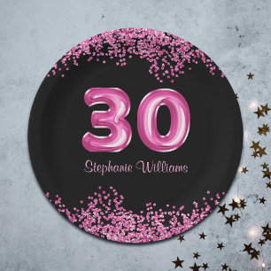 グラムブラックピンクフォイルバルーン30th誕生日パーティー ペーパープレート