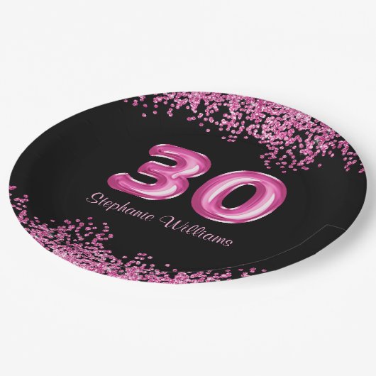 グラムブラックピンクフォイルバルーン30th誕生日パーティー ペーパープレート (アングル)