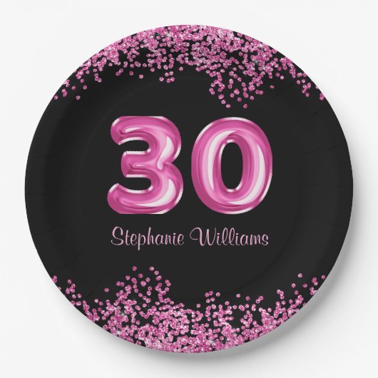 グラムブラックピンクフォイルバルーン30th誕生日パーティー ペーパープレート (正面)