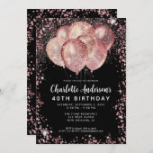 グラムブラックピンクローズ金ゴールドグリッターバルーン誕生日 招待状 (正面/裏面)