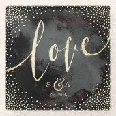 グラムブラックフェイク金ゴールドグリッター書道愛 ガラスコースター (正面)