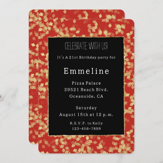 グラムブラックレッド金ゴールドグリッターグリジー誕生日 招待状 (正面/裏面)