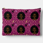 グラムブラック女性アフロ髪のリップスティックピンクの月 アクセサリーポーチ (正面)