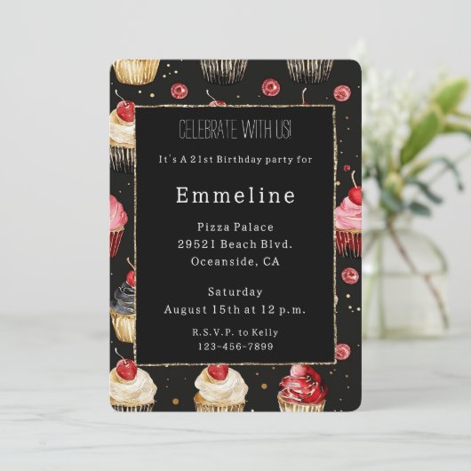 グラムブラック金ゴールドグリッターグリジーカップケーキ誕生日 招待状 (スタンド正面)
