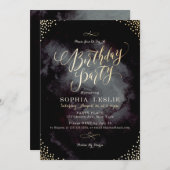 グラムブラック金ゴールドグリッター書道バースデーパーティー 招待状 (正面/裏面)