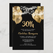 グラムブラック金ゴールドストリングライトバルーン誕生日 招待状 (正面/裏面)