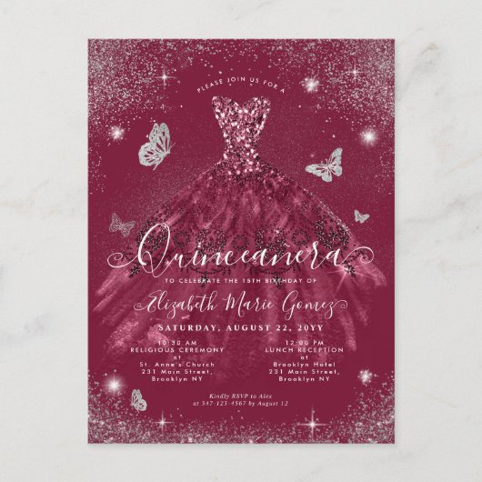 グラムブルガンディレッドシルバーグリッターガウンキンセアニェラ ポストカード (正面)