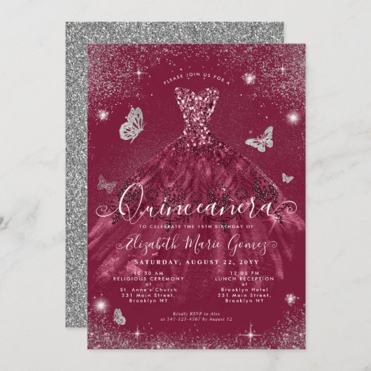 グラムブルガンディレッドシルバーグリッターガウンキンセアニェラ 招待状 (正面/裏面)