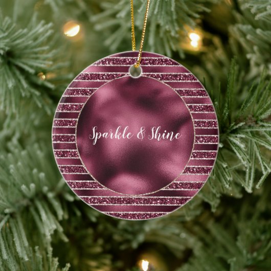 グラムブルガンディレッドローズ赤面グリッターストライプ セラミックオーナメント (ツリー)