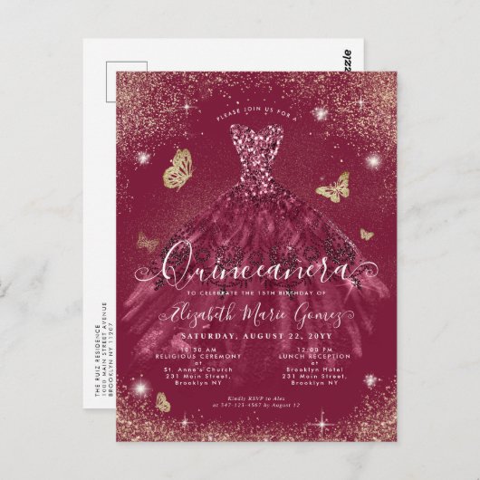 グラムブルガンディレッド金ゴールドグリッターガウンキンセアニェラ ポストカード (正面/裏面)