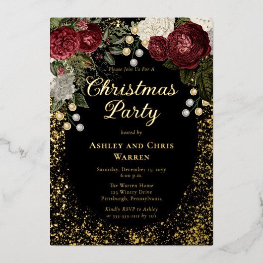 グラムブルゴーニュバラフローラクリスマスホリデーパーティー 箔招待状 (正面)