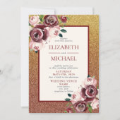 グラムブルゴーニュバラ金ゴールドグリッター結婚フローラ 招待状 (正面)