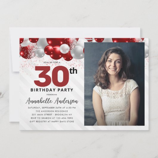 グラムブルゴーニュレッドバルーングリッター写真誕生日 招待状 (正面)