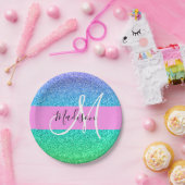 グラムブルーグリーングリッタースパークルグラデーションモノグラム ペーパープレート (パーティー)