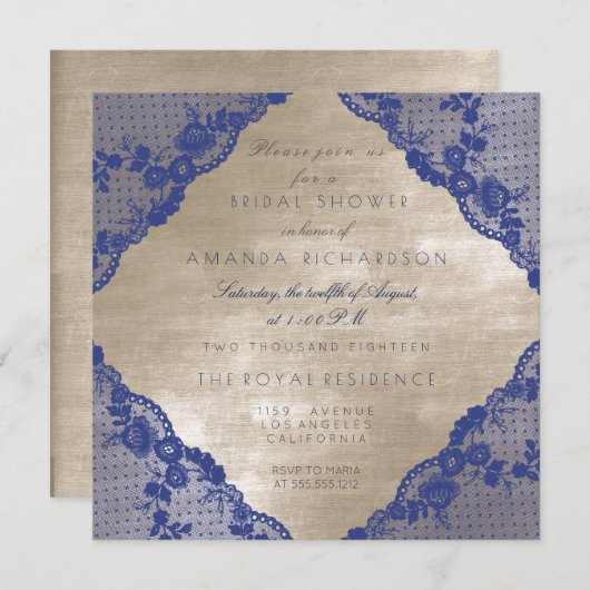 グラムブルーネイビーレースアイボリーベルベットブライダルシャワー 招待状 (正面/裏面)