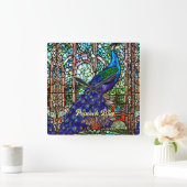 グラムブルーパープルピーコックステンドグラス スクエア壁時計 (ホーム)