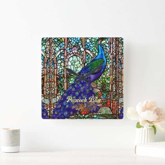 グラムブルーパープルピーコックステンドグラス スクエア壁時計 (ホーム)