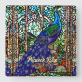 グラムブルーパープルピーコックステンドグラス スクエア壁時計 (正面)