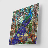 グラムブルーパープルピーコックステンドグラス スクエア壁時計 (傾斜)