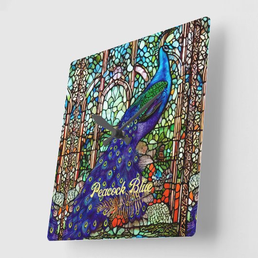 グラムブルーパープルピーコックステンドグラス スクエア壁時計 (傾斜)