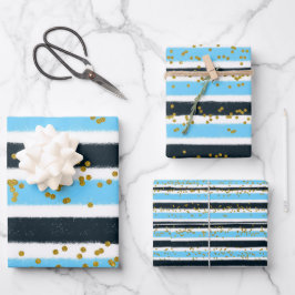 グラムブルーブラック金ゴールドグリッターストライプスパークル ラッピングペーパーシート