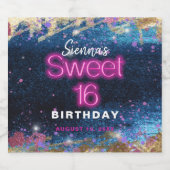 グラムブルーモダングリッターホットネオンピンクスウィート16 スパークリングワインラベル (シングルラベル)